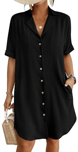 Bsubseach Women Short Sleeve Button Down Beach Shirt Cover Up Black L