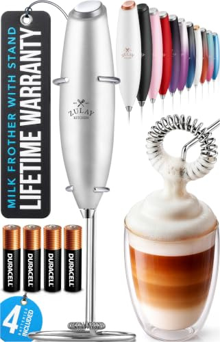 Zulay Kitchen Potente varita espumadora de leche con 4 pilas AA Duracell, mezclador de bebidas de mano ultrarrápido, batidor eléctrico de espuma para café, lattes, capuchino, matcha y crema, plata