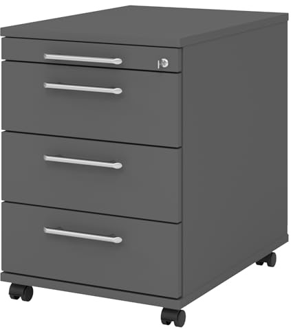bümö Rollcontainer mit Schubladen, Container abschließbar aus Holz in Graphit - Rollwagen für's Büro als Schreibtisch Unterschrank, Bürocontainer od. Schreibtischcontainer mit Relinggriffe