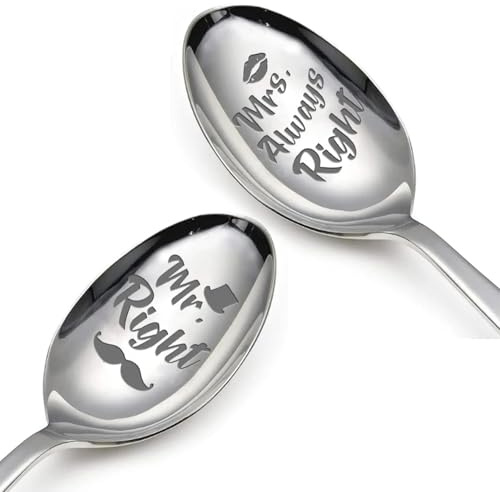 Healife Hochzeitsgeschenke für Brautpaar - 2 Stück Kaffeelöffel mit Gravur - Mr. Right & Mrs. Always Right - Kleines Verlobungsgeschenk für Paar - Hochzeit Geschenk