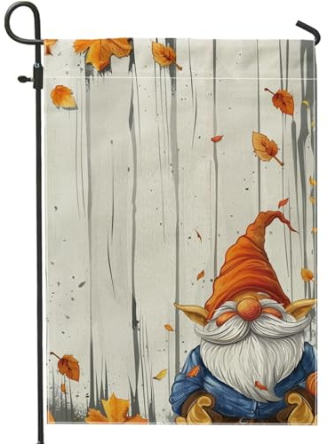 Drapeau de jardin de nain d'automne, feuilles d'automne oranges, décoration saisonnière de la maison, drapeaux de cour, style dessin animé double face, décoration de pelouse extérieure, 30,5 x 45,7 cm