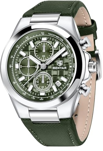 BENYAR Quarzwerk Chronograph 30M Wasserdicht Leuchtendes Datum Klassisches Lederarmband Herrenuhren(Silber Grün)