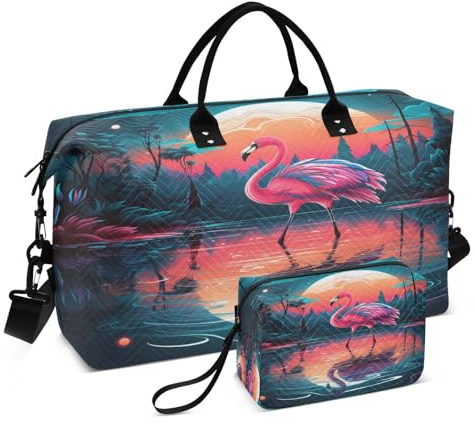 LINNIKEEEE Ausgefallene Kunst Flamingo Reise-Seesäcke, Sporttasche, Weekender Handtasche mit Kulturbeutel für Damen Mädchen Herren