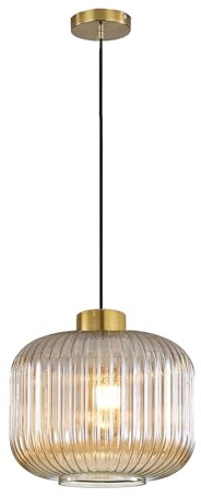 Hnexsei Pendelleuchte aus geriffeltem Glas mit Goldfinish und schwarzem Kabel, stilvolle Hängeleuchten für Esszimmer, Schlafzimmer, elegante Pendelleuchten wie Hängelampe Esstisch (Bernstein, 24cm)