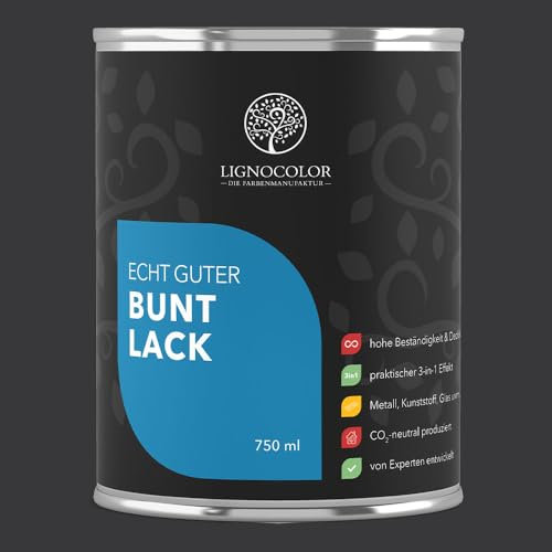 Lignocolor Buntlack glänzend (750 ml, Schwarz) | hochbeständiger Lack für Holz, Metall, Kunststoff & Kinderspielzeug