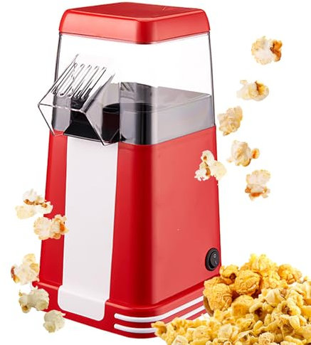 Electric Popcorn Maker,1200W Retro Hot Air Popper Machine, 360°Even Heating, 3 Min Fast Popping, Fat & Oil Free, Healthy Snacks, One Touch Visible, Pop Corn Popper for Home Party Movie Night red