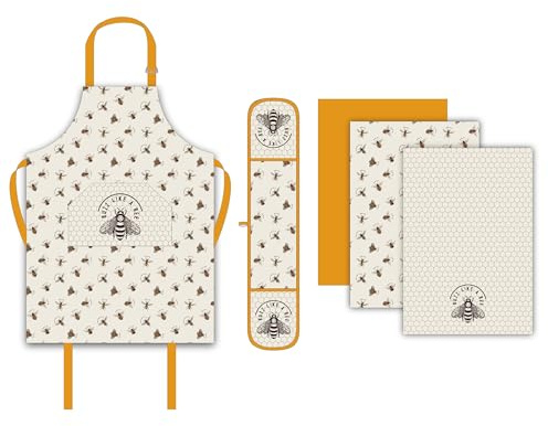 Premium Apron, Double Oven Gloves & Tea Towels Linen 5 Pcs Set | Quick Dry Kitchen Apron, Double Oven Gloves And Tea Towels, Perfect Kitchen Accessories For Cooking, Baking And Everyday Use