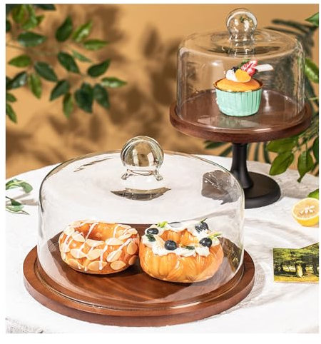 Acacia - Supporto per torta in legno con cupola in vetro, con cupola in vetro, per dolci, matrimoni e regali, diametro 15 cm