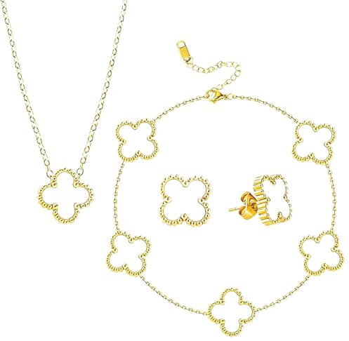 LIURFLNC Vierblättriges Kleeblatt Schmuck, Armband, Kleeblatt Armband Kleeblatt Kette Kleeblatt Ohrringe, Jewelry Geschenk für Geburtstag Muttertag Valentinstag(Golden)