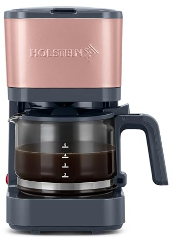 Holstein Housewares 5 Cup Coffee Maker – Compact Drip Coffee Machine with Auto Pause & Serve, Reusable Filter, Glass Carafe, Water Window & Warming Plate. Dark Grey & Rose Gold