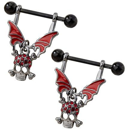 Ycfish 1 Pairs 14G Nipple Rings, Nipple Rings Stainless Steel Nipple Piercings, Adjustable Black Devil Barbell Heart-Shaped Nipple Piercing for Women and Girls(Skull)