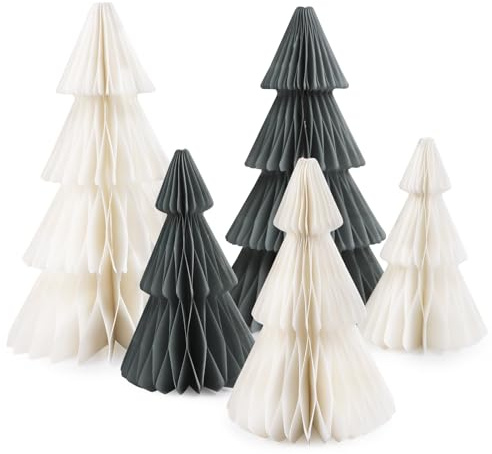 5 Stück 2 Größe Weihnachtsbaum Tischdeko Magnetverschluss Weihnachten Party Bienenwaben Mittelstück Tannenbaum Dekoration Tischaufsätze für Weihnachtsdeko Papierbaum (Grau + Weiß, 25cm*2 + 15cm*3)