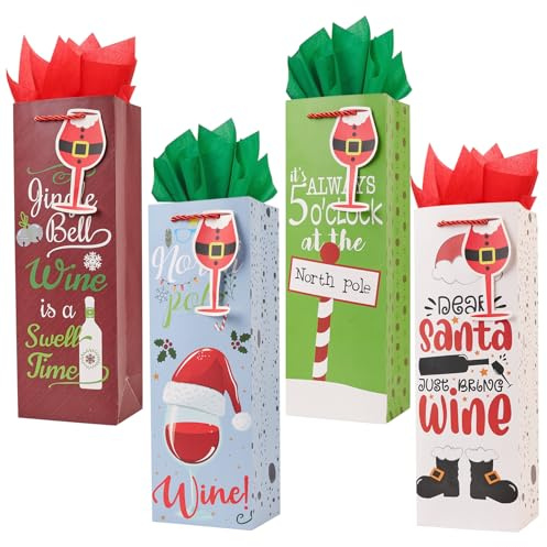 12 Pack Christmas Wine Gift Bags with Tissue Paper Gift Tags,13.7 Multicolor Thick Paper XMAS Bottle Bags for Gift Present(Multi)