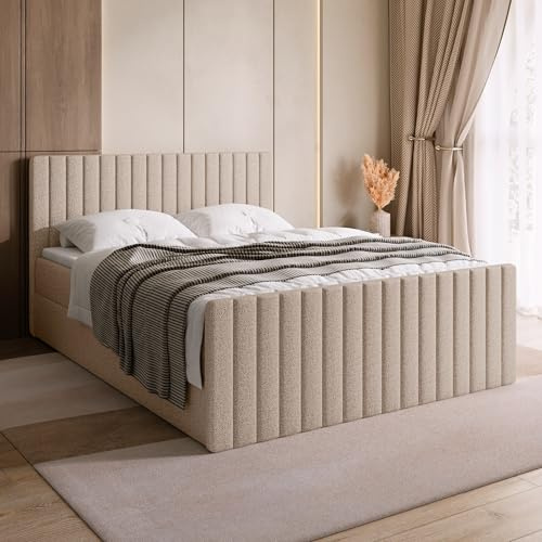 BROMARKT Boxspringbett 180x200 mit Bettkasten Topper Härte H3 Beige | Doppelbett mit Bonellmatratze gepolsterte Kopfstütze Fußteil Polsterbett Bett Bed Jugendbett Einzelbett hinterteil DREAM DUO