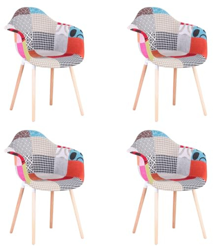 Juego de 4 sillas de comedor escandinavas, tapizadas, tela de retazos, patas de madera de haya maciza, diseño moderno rojo, muebles de cocina elegantes, cómodos asientos