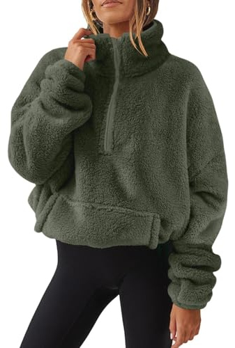 AMhomely Half Zip Fleece Women Crop Long Sleeve Stand Collar Teddy Fleece Tunic Tops Blouse Zip Up Double Jumpers Loose Fit Casual Fluffy Pullover Tops Sweatshirts Fall Winter Warm Coats Army Green M
