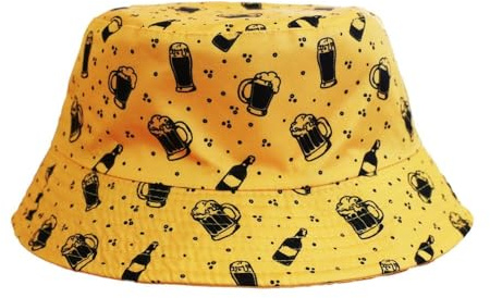 Bier Sonnenhut Unisex Anglerhut, Gelber Bierprint Bucket Hat, Sommer | Einheitsgröße für alle, aus 100% Polyester, ideal für Strand, Festival und alle ausgelassenen Feiern das ganze Jahr über