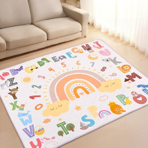 alldomess Tappetino per Giochi Bambino 150x180, Tappeto Attività Morbido con Imbottitura Spessa per Tempo a Pancia in Giù, Base Antiscivolo Sicura per Gattonamento, Alfabeto arcobaleno