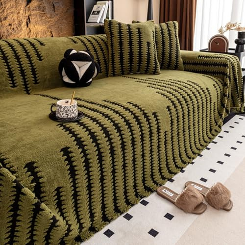 FANSU Plüsch Sofadecke Sofabezug L Form 1 2 3 4 5 Sitzer Jacquard Sofaüberwurf Decke rutschfest Sofabezug Ecksofa Universelle Couch Bezug Sofaschoner Sofa Decken Couch Überwürf (Grün,180x230cm)