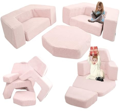 Flumi Kinderspielplatz aus Schaumstoff Montessori 6-teiliges Indoor Spielset, modulare Softbausteine für motorische Entwicklung mit waschbarem Bezug (Kord Rosa)