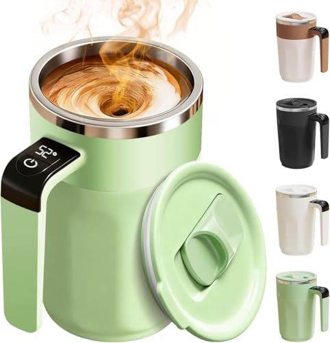 Taza de café con agitación automática con indicador de temperatura, taza de café recargable, taza de 382.7 g con tapa, material de acero inoxidable adecuado para café, leche y otras bebidas (verde)