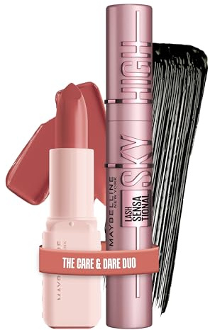 Maybelline New York Make-up Set: Sky High Mascara Very Black für extreme Länge & Volumen + Serum Lippenstift Satin für 8H Feuchtigkeit & strahlende Farbe, Gepflegte Lippen & Volle Wimpern, 2-teilig