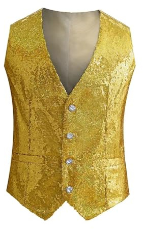 Gilet monopetto senza maniche con paillettes lucide da uomo rosso, gilet scollo a V, disponibile in oro, nero, bianco, blu, viola, taglie asiatiche Matrimonio Lavoro Cerimoni(Gold,3XL 75kg-80kg)