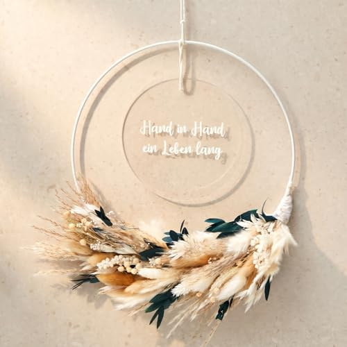 Xinnun Türkranz Trockenblumenkranz Herzlich Willkommen Schild,Hand in Hand | Geburtstagsgeschenk für meine Freundin, Brautpaar Hochzeitsgeschenk, Ganzjährig, Boho, Hängedeko für Wand Fenster, 25 cm