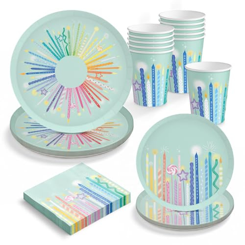 OH YEAH - Kit Vajilla Desechable Cumple Velas Fiesta de Cumpleaños 6 Personas - 42 Piezas - Platos, Vasos, y Servilletas Desechables - Decoración Vajilla Cumpleaños Infantil Temático - Kit Mesa