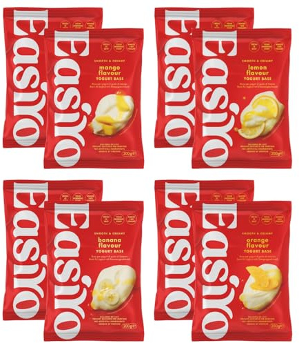 EasiYo Yogurt 8 Sachet Mixed Pack | 2x Mango, 2x Orange, 2x Lemon, 2x Banana | Each Sachet Makes 1KG | Homemade Yoghurt | Gluten Free & Vegetarian