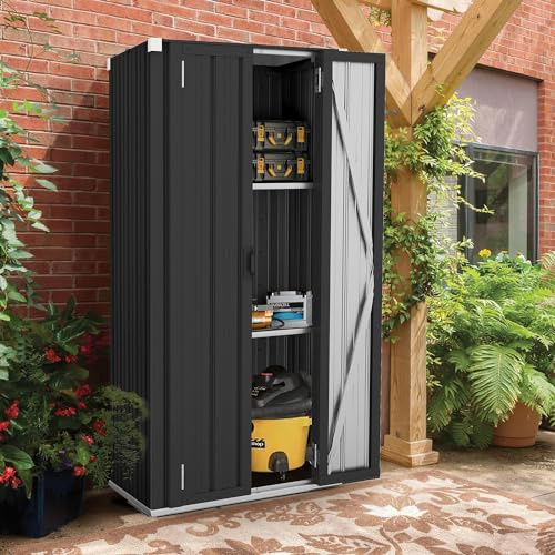 YODOLLA Gartenschrank, Metall Geräteschuppen Wetterfest, Grau | Outdoor-Schrank Lagerschuppen Hohe für Balkon, Rasenflächen und Hinterhöfe, 76x56x178cm