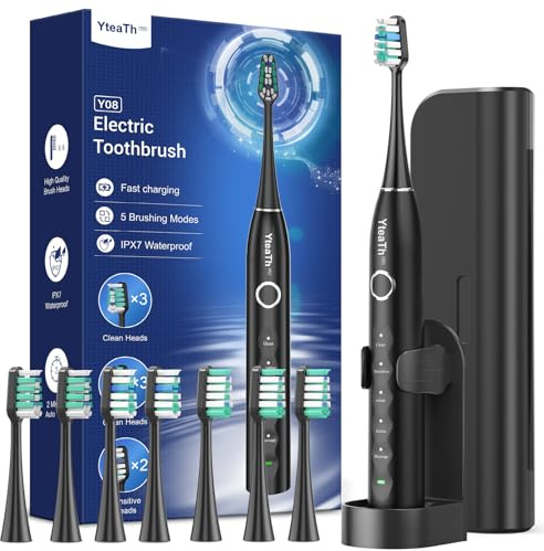 Cepillo de Dientes Eléctrico Sónico Adultos con 8 Cabezales - Cepillo Eléctrico con 5 Modos, Estuche, 3 Meses de Autonomía, Cepillo Dientes Electrico Viaje Recargable, Negro