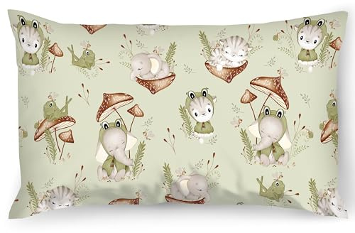 PinkZebra Kopfkissenbezug Kinder, Kissenbezug 40 x 105 cm aus 100% Baumwolle, Kissenhülle, Öko-tex Standard 100, Kinderbezüge mit Reißverschluss, Frosch & Freunde