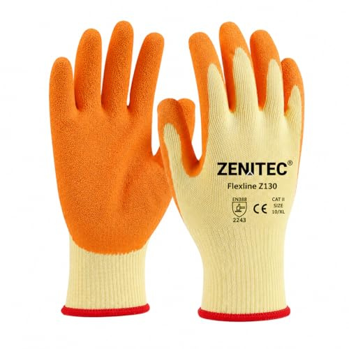 Zenitec 12 Pairs Latex Coated Work Gloves - Heavy Duty Orange Rubber Grip, Breathable Mixed Fibre Liner - Ideal for Builders, Gardening, Scaffolding and Construction Safety (Medium)