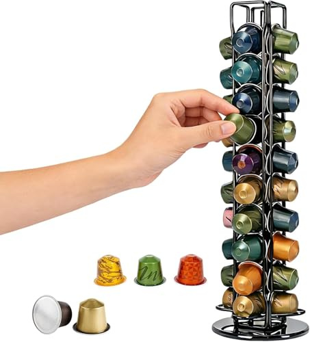 Hbzunt Kaffekapselhållare för Nespresso 40 kapslar, 360° roterande förvaring tillverkad av rostfritt stål, kaffekapselförvaring för Nespresso Original Line-kapslar, för vardagsrum, kök och