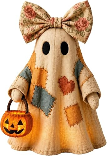 Lighted Vintage Patchwork Ghost, Light Up Ghost with Pumpkin Lantern Halloween Decor, Vintage Halloween Patchwork Ghosts Lamp, Rustic Fall Figurine Decoration for Mantel Shelf Entryway Porch