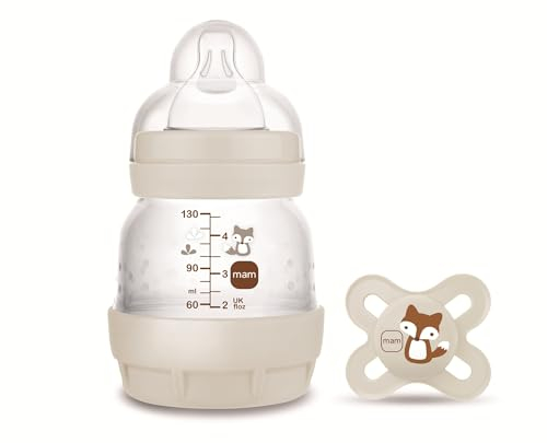 MAM Anti-Colic Bottle + Start Dummy A112 Innovative Anti-Colic System Patented with Teat 0 Made of SkinSoftTM Ultra-Soft Silicone for Babies from 0 Months, 130 ml, Neutral - 1 Pack