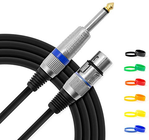 TIGER MIC6-06 Microphone Cable - 6 Metre / 20 Foot Female XLR to 6.35mm / 1/4 Inch Jack - Low-Noise Unbalanced Instrument Cable with Interchangeable Coloured Loops