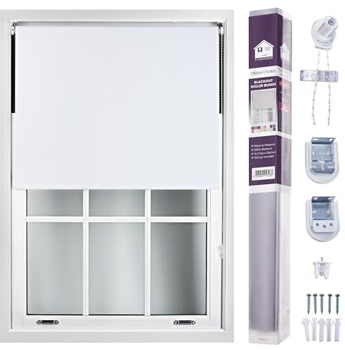 FURNISHED Roller Blinds Window Blackout Blind - 100% Black Out Thermal Fabric Easy Fit Fittings - Custom Made to Measure Blackout Blind Bedroom Bathroom Kitchen, White, Up to 180W x 165H cm