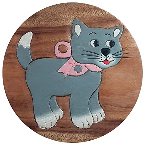 ART-CRAFT Vielseitiger Kinderhocker Holzhocker rund aus Massivholz Tiermotiv Katze mit vielen Einsatz Möglichkeiten