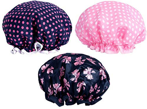PrettyDate 3 Packs Double layer Shower Cap Waterproof Elastic Bath Cap for Women Shower Spa Salon