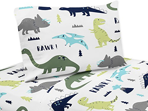 Sweet Jojo Designs 3 Piece Twin Sheet Set for Blue and Green Modern Dinosaur Bedding Collection