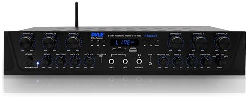 Pyle Bluetooth Home Audio Amplifier - 6 Channel Stereo Receiver Amp, 600 Watt Power, Commercial or Karaoke with Mic Talkover, Headphone Jack, 1/4'' Microphone In, USB SD AUX RCA FM Radio