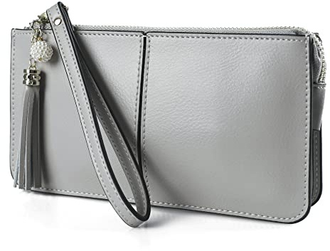 Handledsväska, armband i äkta läder för kvinnor, damhandväskor med handledsrem och dragkedja och avtagbar tofs för kvinnor – passar iPhone 8 Plus eller mindre 6,5 tum
