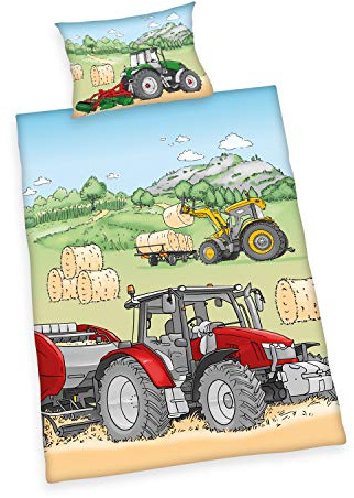Herding Bio-Bettwäsche-Set, GOTS-zertifiziert, Traktor-Wendemotiv, Kopfkissenbezug 40 x 60 cm, Bettbezug ca. 100 x 135 cm, Baumwolle/Renforcé, Mehrfarbig