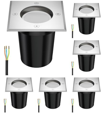 ledscom.de 6 Stück Boden-Einbauleuchte RELI für außen Edelstahl eckig IP67 inkl. LED Lampe warmweiß 3-Stufen Dimmen ohne Dimmer max.540lm