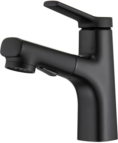 CREA Modern Waschtischarmatur Badezimmer mit 2 Wasserstrahlarten Brause ausziehbar, Einhebelmischer Armatur Wasserhahn Bad für Waschbecken, aus Messing schwarz