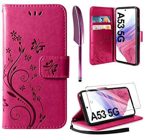 AROYI Lederhülle Kompatibel mit Samsung Galaxy A53 5G Hülle und Schutzfolie, Flip Wallet Handyhülle PU Leder Tasche Case Kartensteckplätzen Schutzhülle Rosenrot