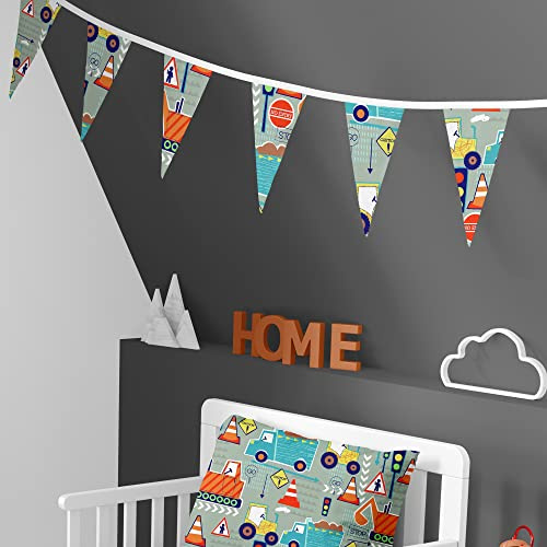 Happy Linen Company Wimpelkette für Mädchen, Unisex, Big Digger Trucks, Grau, 3,1 m, doppelseitig, für Schlafzimmer, Dreiecks Flaggen