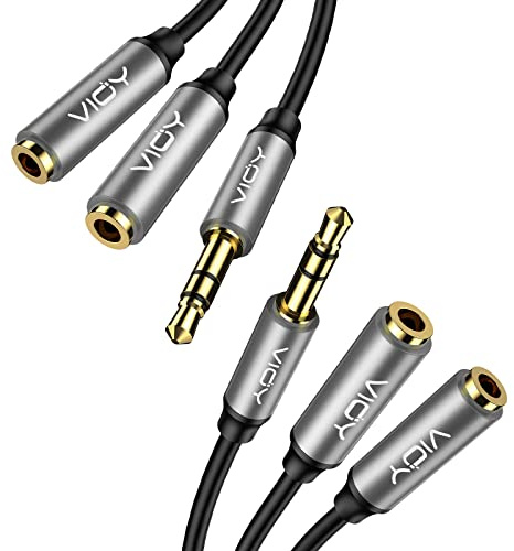 VIOY Headphone 2 Pack Splitter 3.5mm Male to Dual Female Stereo Cable | Silver-plated copper core, 24K gold-plated plugs, double nylon braided, TRS stereo only, plug-and-play for amp mixer guitar